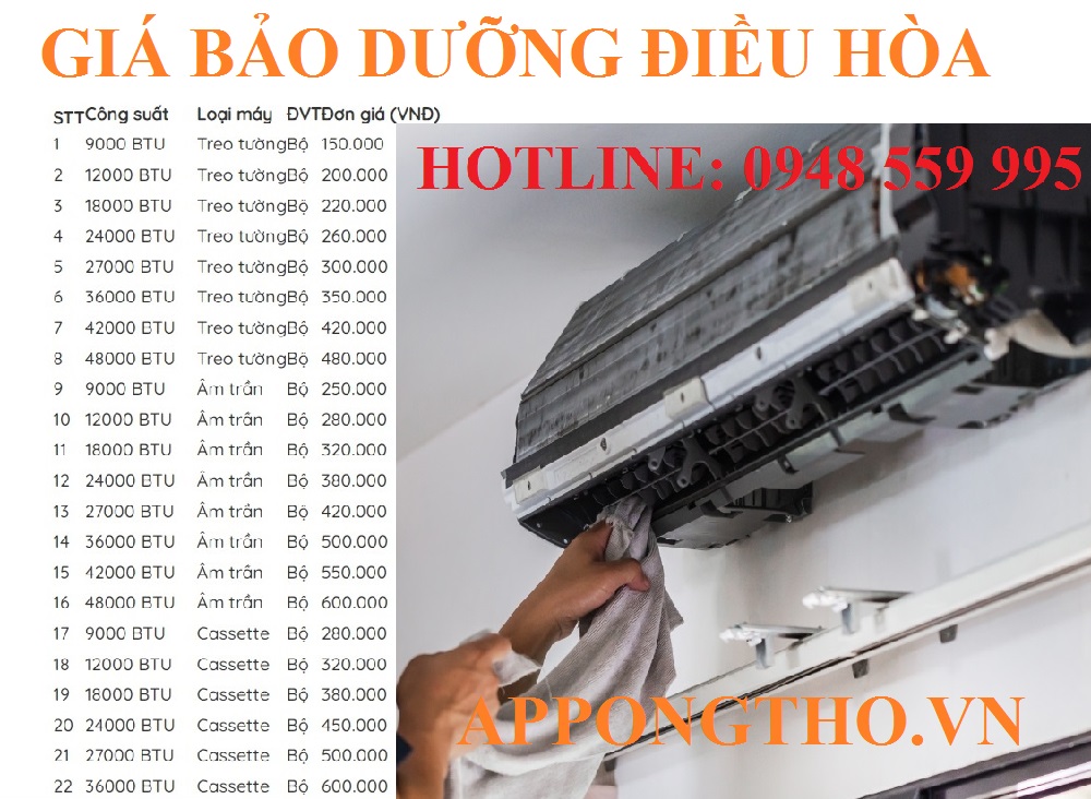 Bảng giá bảo dưỡng điều hòa mới nhất 2026