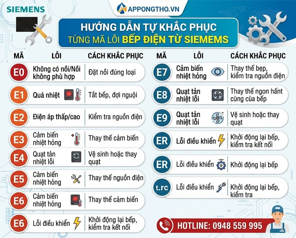 Hướng dẫn tự khắc phục từng lỗi trên bếp Siemens