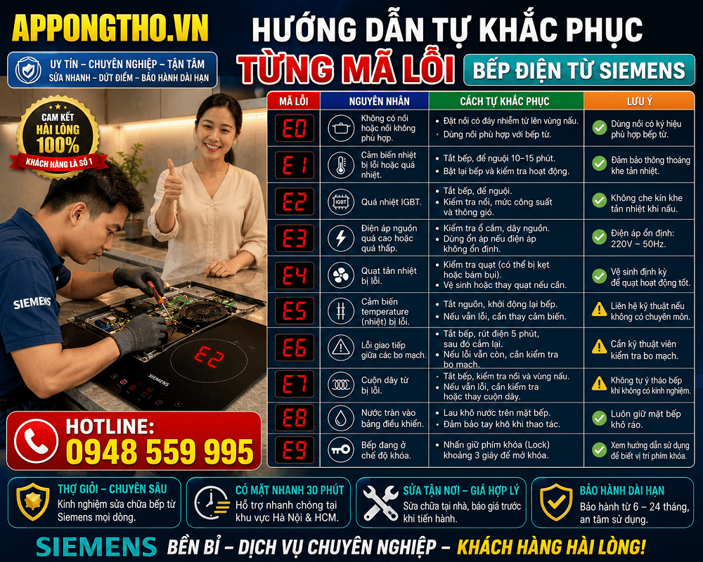 🔧 9. Bếp từ Siemens báo lỗi F4 – Quá nhiệt toàn hệ thống