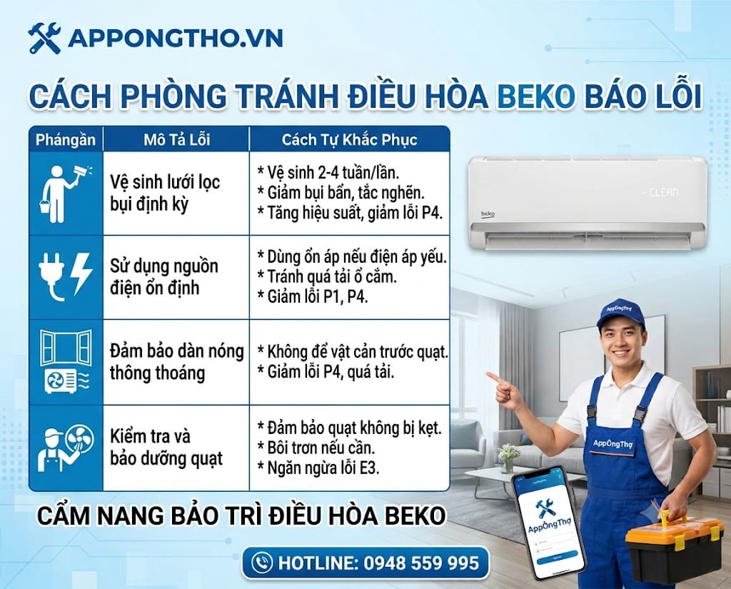 Bảng mã lỗi điều hòa Beko đầy đủ