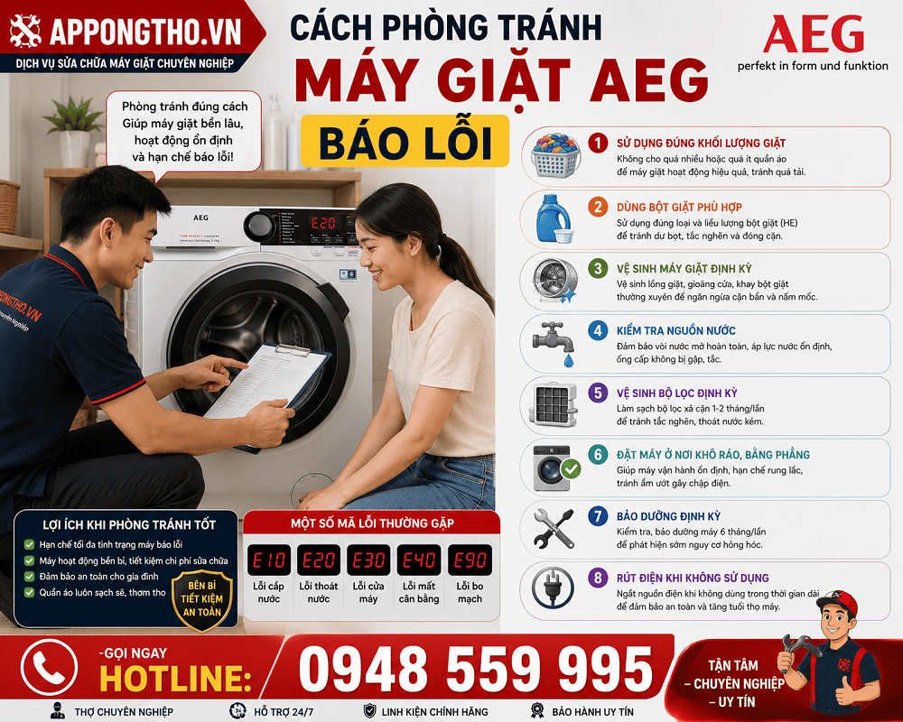 9. Máy giặt AEG báo lỗi E34 / E35 – Lệch đo / tràn nước