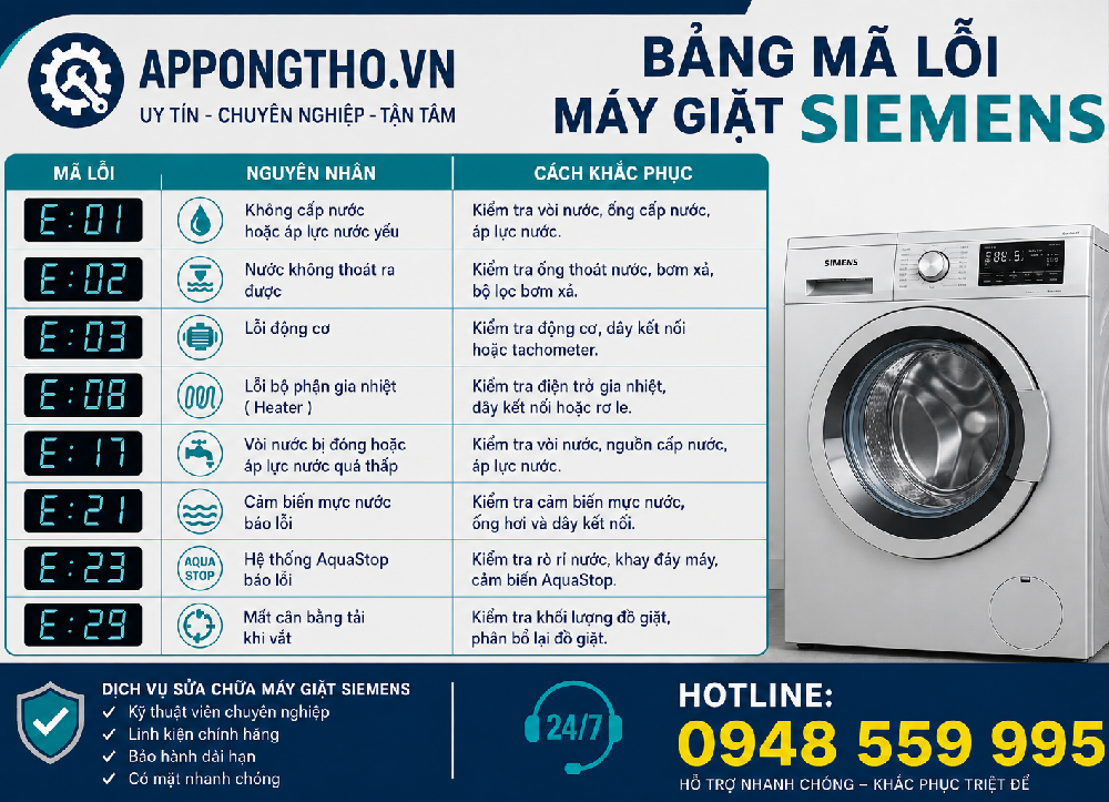 Tổng Hợp Bảng Mã Lỗi Máy Giặt Siemens Cửa Trước Inverter