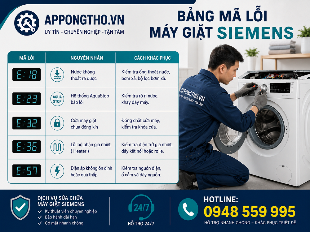 Bảng mã lỗi máy giặt Siemens cửa ngang