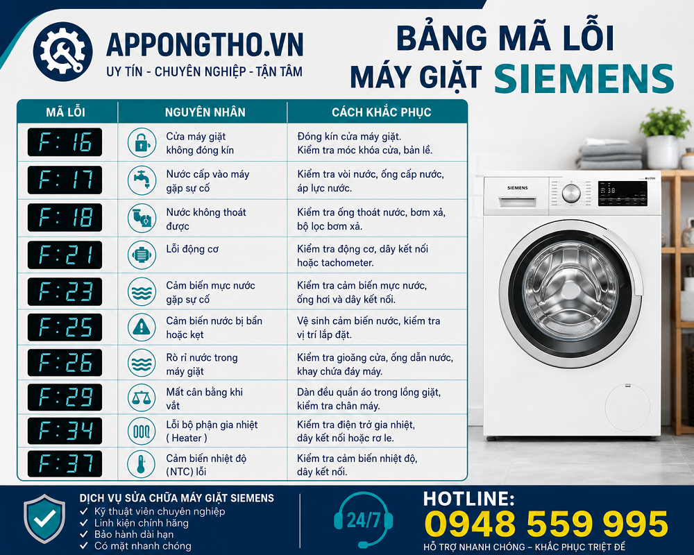 10. Máy giặt Siemens lỗi E19 / F19 – Gia nhiệt lỗi