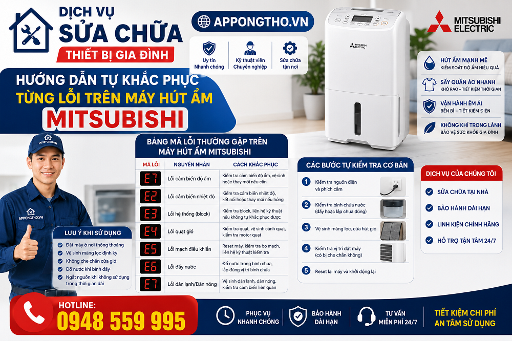 Bảng mã lỗi máy hút ẩm Mitsubishi