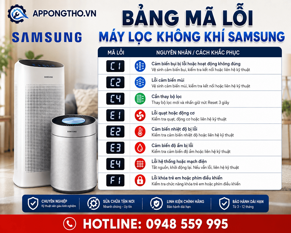Bảng mã lỗi máy lọc không khí Samsung đầy đủ
