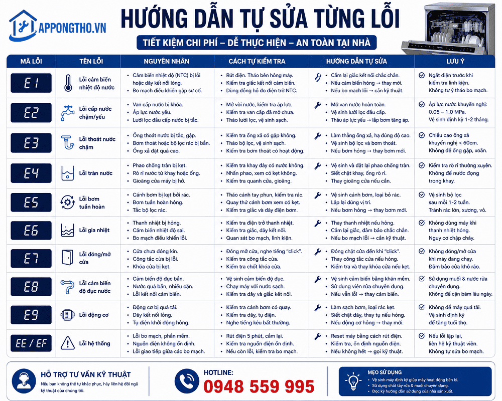 Bảng Mã Lỗi Máy Rửa Bát Bauknecht & Cách Tự Khắc Phục Nhanh