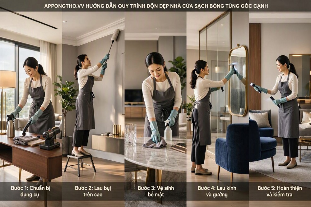 Bước 2: Lau dọn các bề mặt – 7 phút