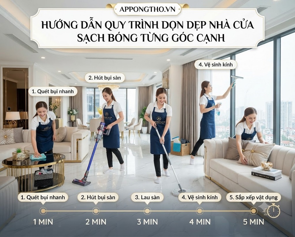Bước 4: Quét hoặc hút bụi toàn bộ sàn – 5 phút