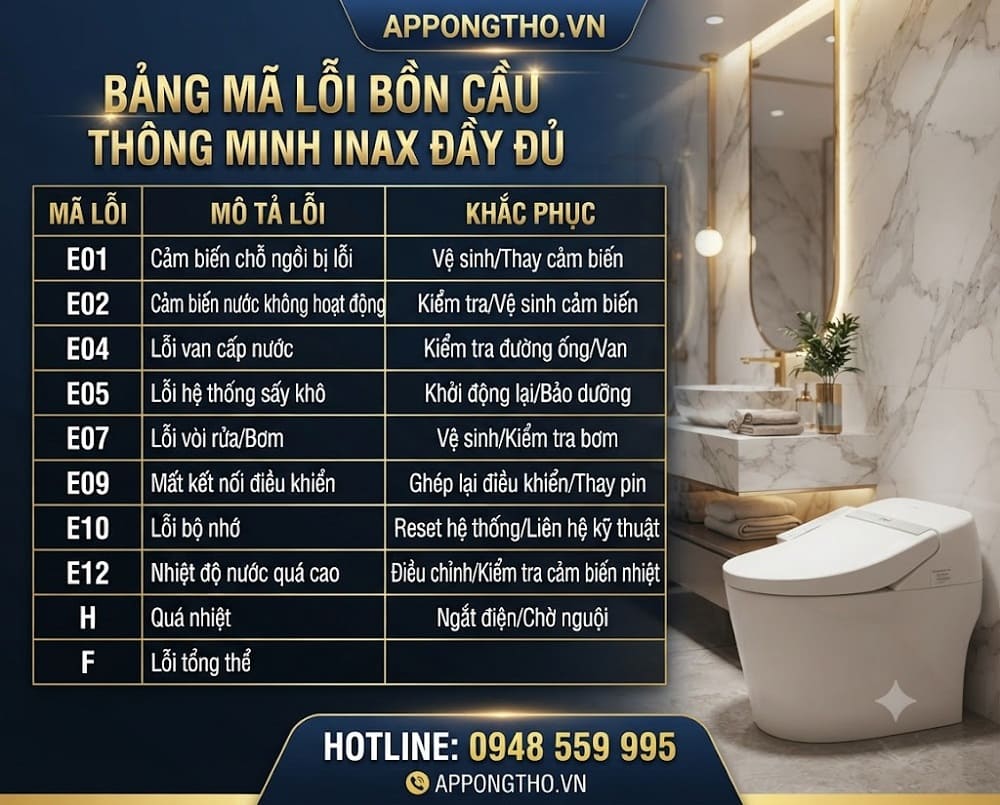 Bảng mã lỗi bồn cầu điện tử thông minh INAX