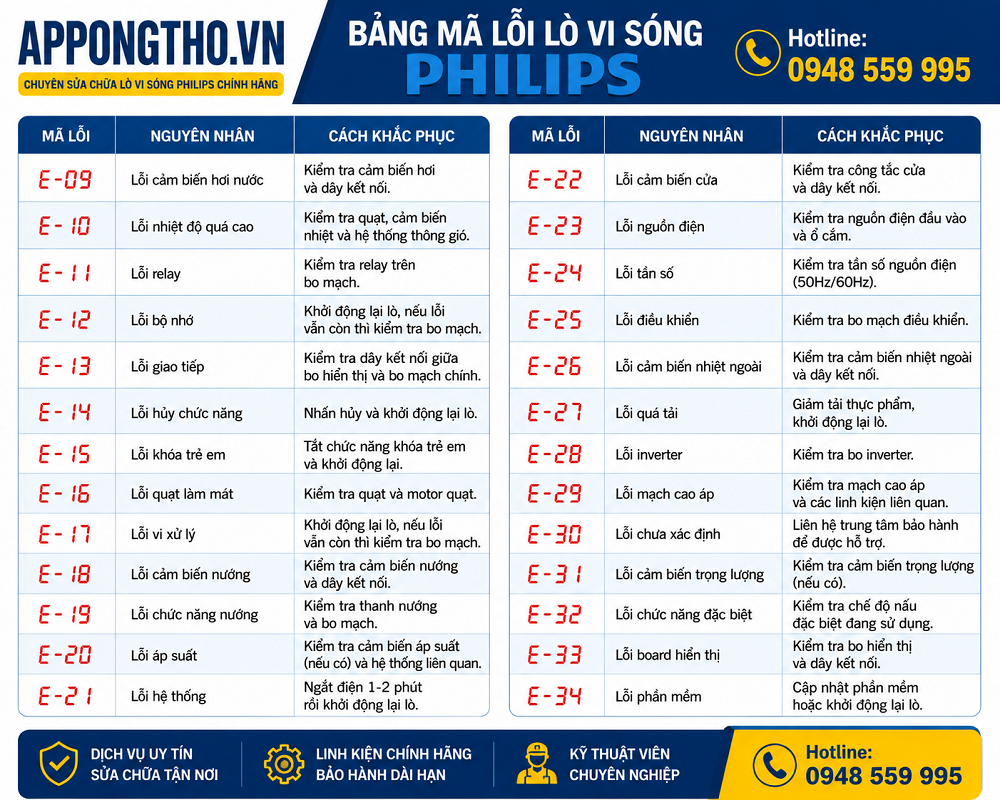 Cách tự khắc phục từng lỗi trên lò vi sóng Philips chi tiết