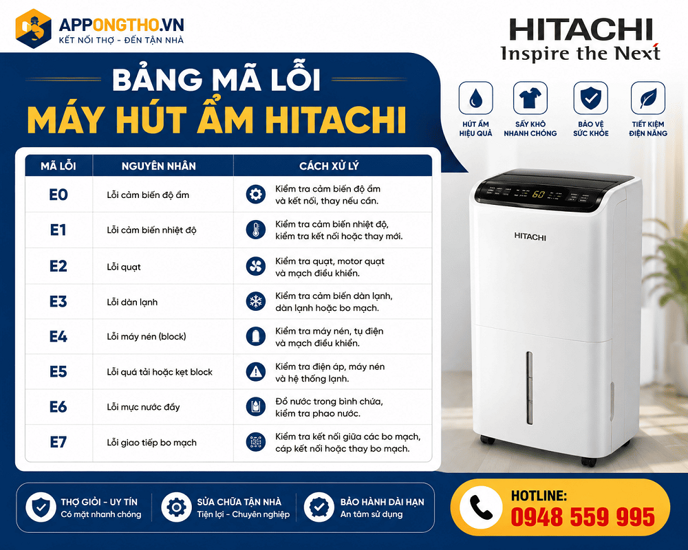 Bảng mã lỗi máy hút ẩm Hitachi