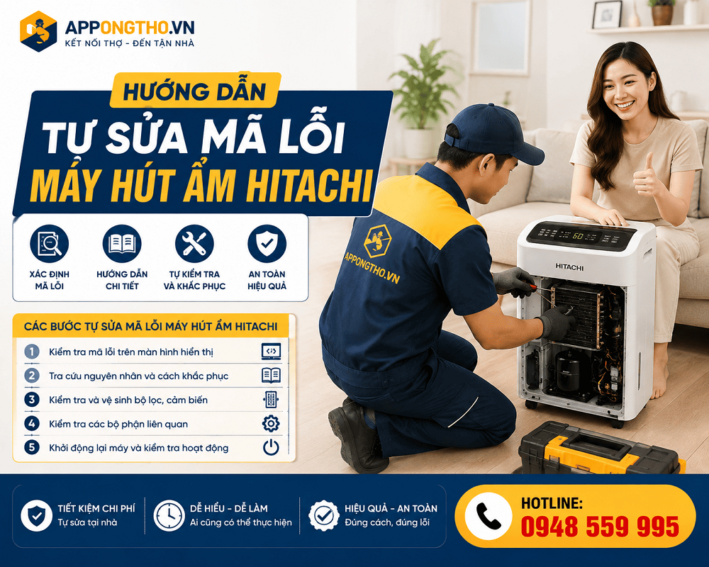 5. Máy hút ẩm Hitachi báo C8 – Máy bị nghiêng