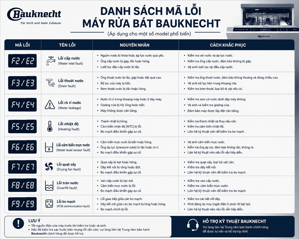 Bảng mã lỗi máy rửa bát Bauknecht