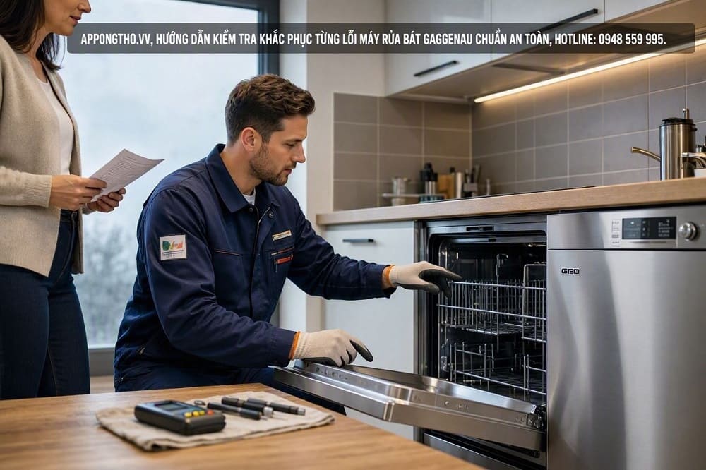 12. Máy rửa bát Gaggenau báo E:15 – Rò rỉ nước