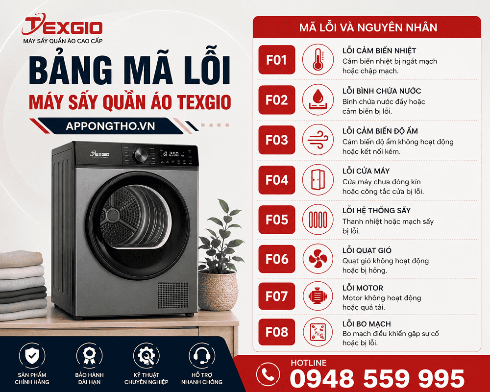 Bảng mã lỗi máy sấy quần áo Texgio