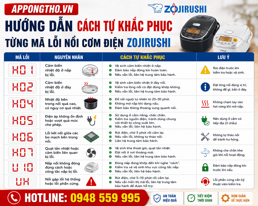 Cách Khắc Phục Từng Mã Lỗi Nồi Cơm Điện Zojirushi Nhật 110v