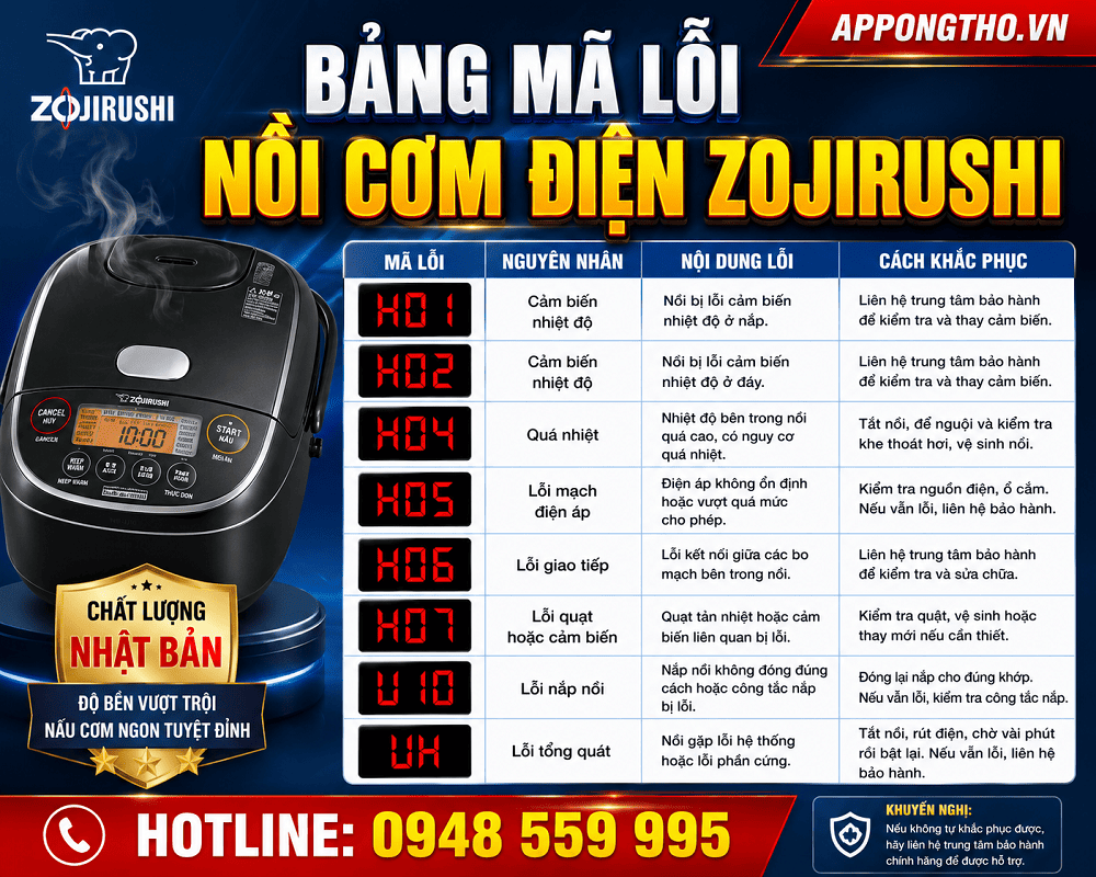 Cách tự khắc phục từng mã lỗi nồi cơm điện Zojirushi