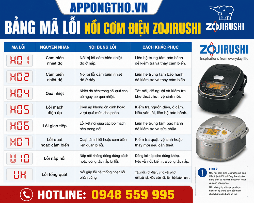 Dịch vụ sửa mã lỗi nồi cơm điện Zojirushi