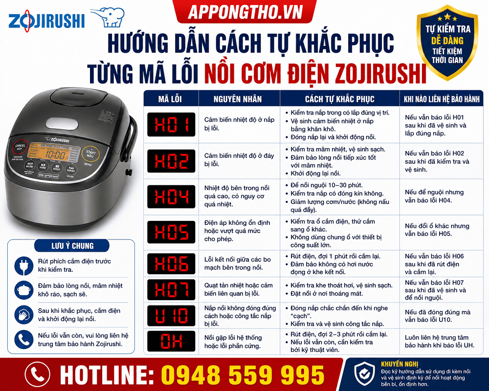 10. Nồi cơm điện Zojirushi báo lỗi E18 – Tuần hoàn hơi