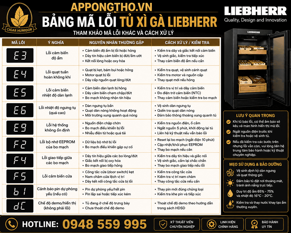 7. Tủ xì gà Liebherr báo lỗi F5 – Tạo ẩm lỗi