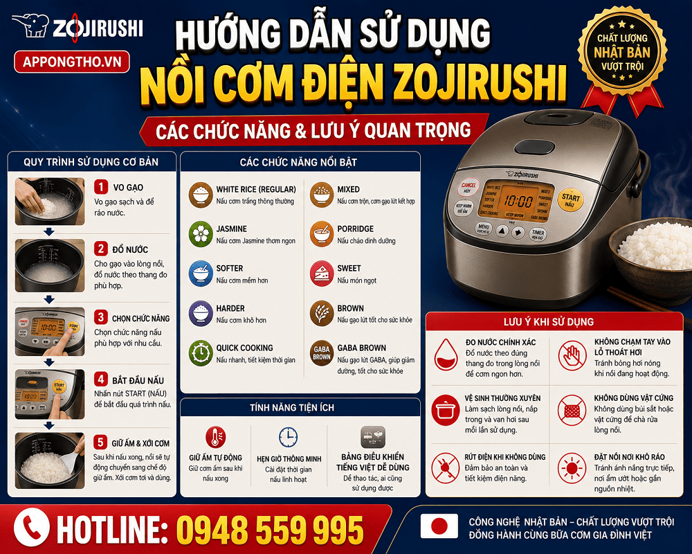 Hướng Dẫn Sử Dụng Nồi Cơm Điện Zojirushi Từng Chức Năng