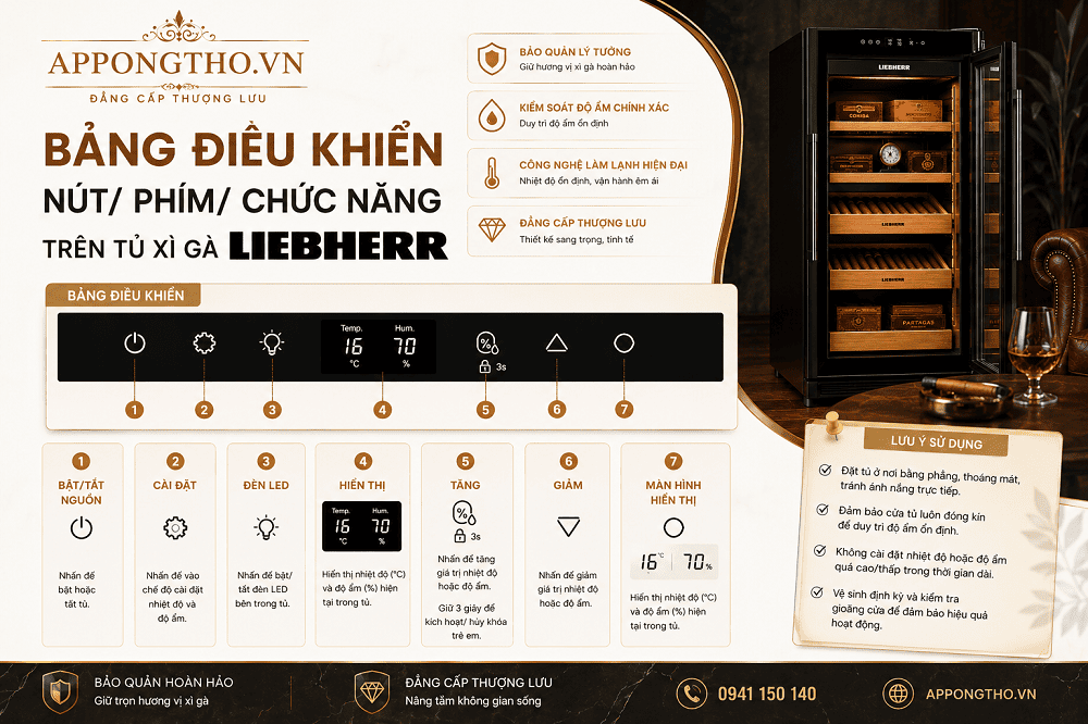 4. Bật/tắt đèn (💡 Light) trên tủ xì gà Liebherr